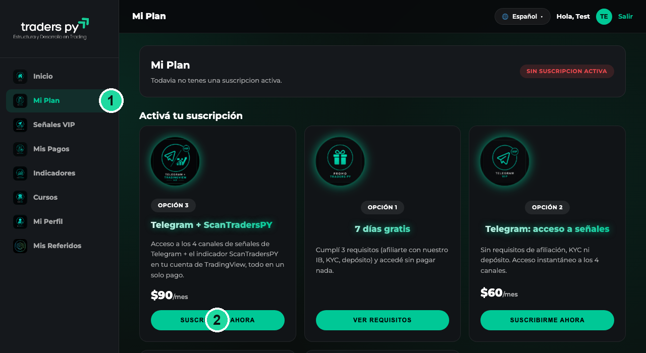 Pantalla completa de Mi Plan con las opciones