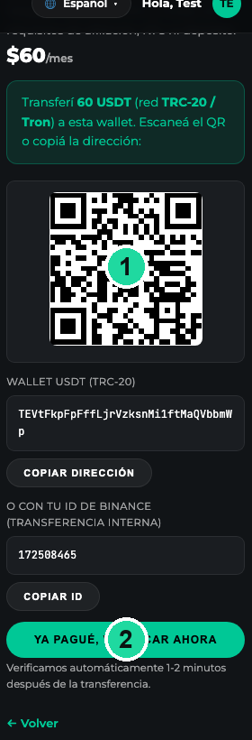 Pantalla de pago con QR y wallet