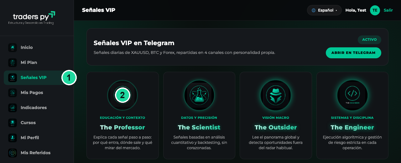 Pantalla de Señales VIP con el plan activo
